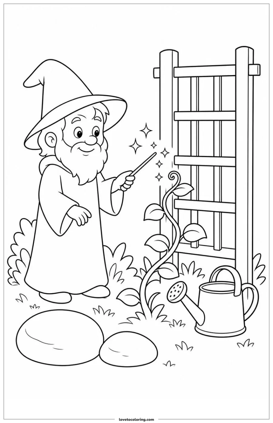 Black-and-white printable coloring page showing a wizard helping a vine reach an empty trellis.