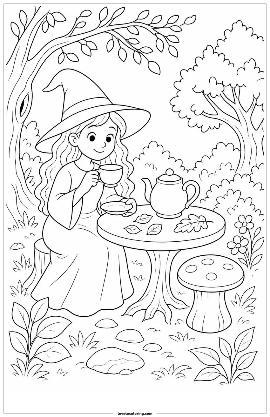 Dibujo para colorear de friendly witch resting at a woodland tea table