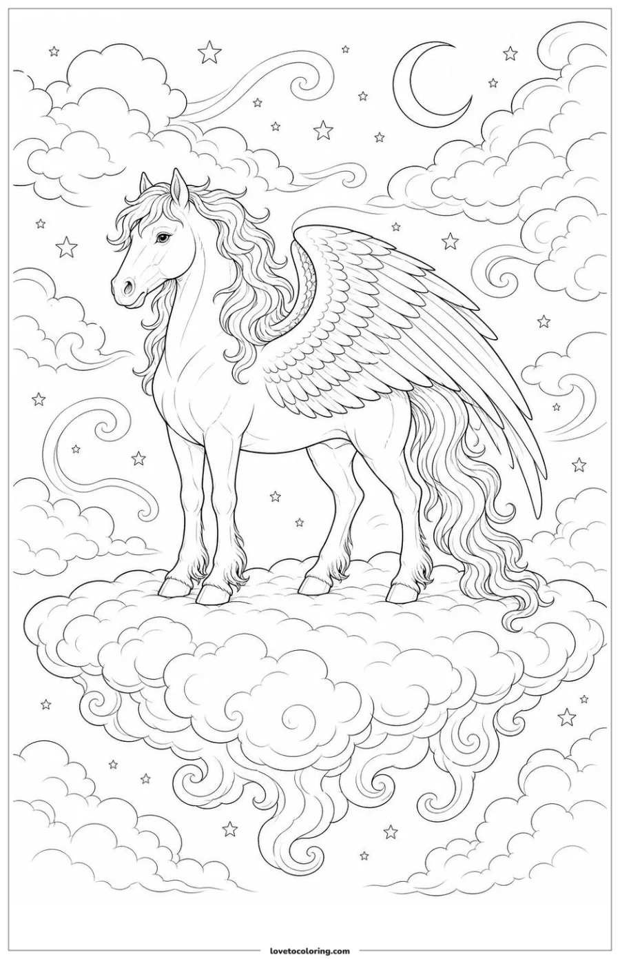 Black-and-white printable coloring page showing a pegasus resting on a broad cloud ledge.