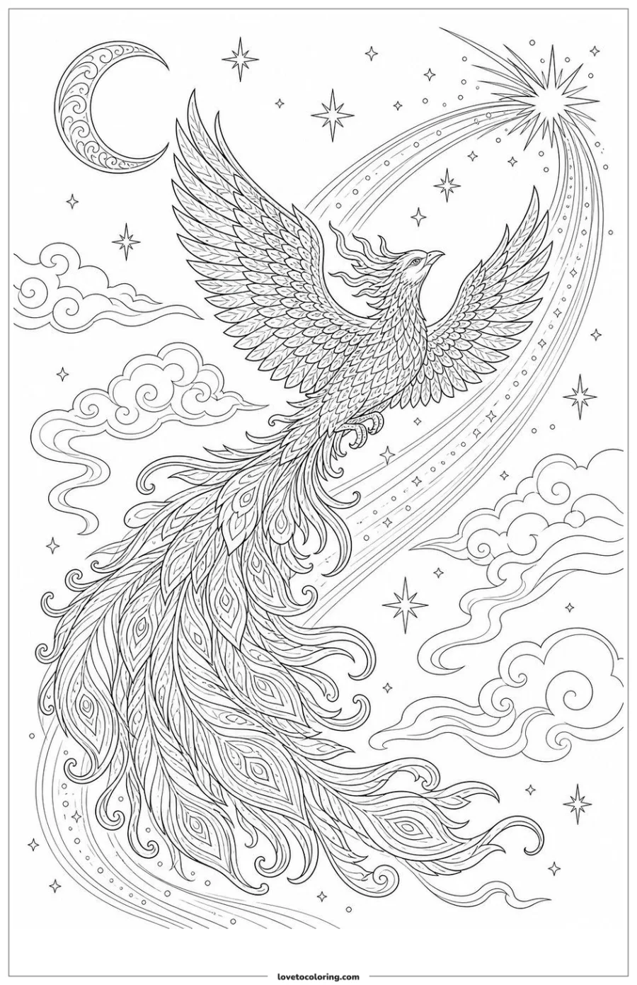 Black-and-white printable coloring page showing a phoenix following a comet-shaped path.