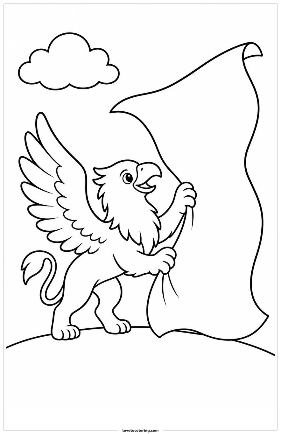 Black-and-white printable coloring page showing a griffin lifting a fallen banner into the wind.