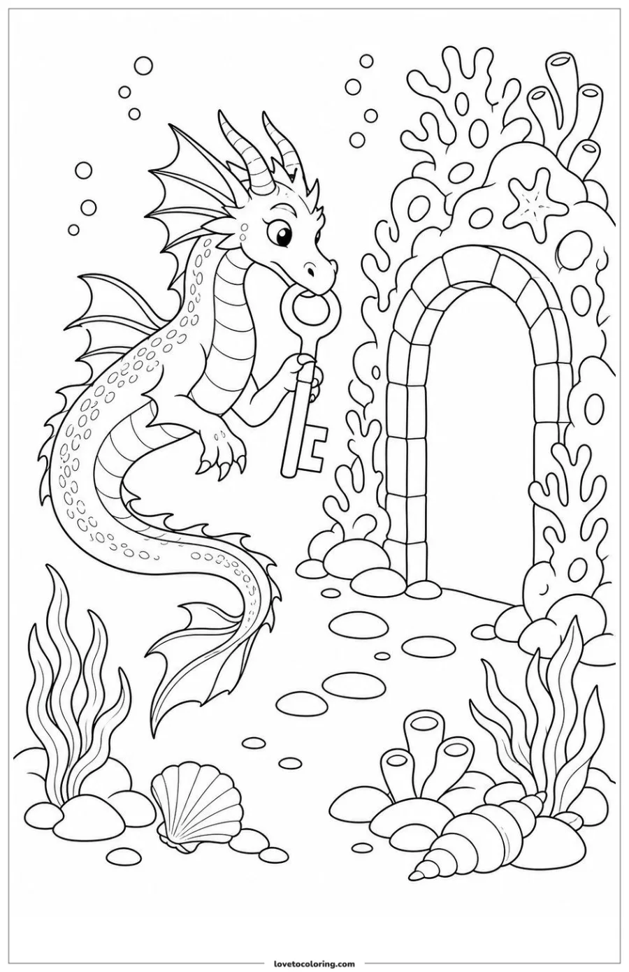 Dibujo para colorear de sea dragon carrying a key toward a reef gate