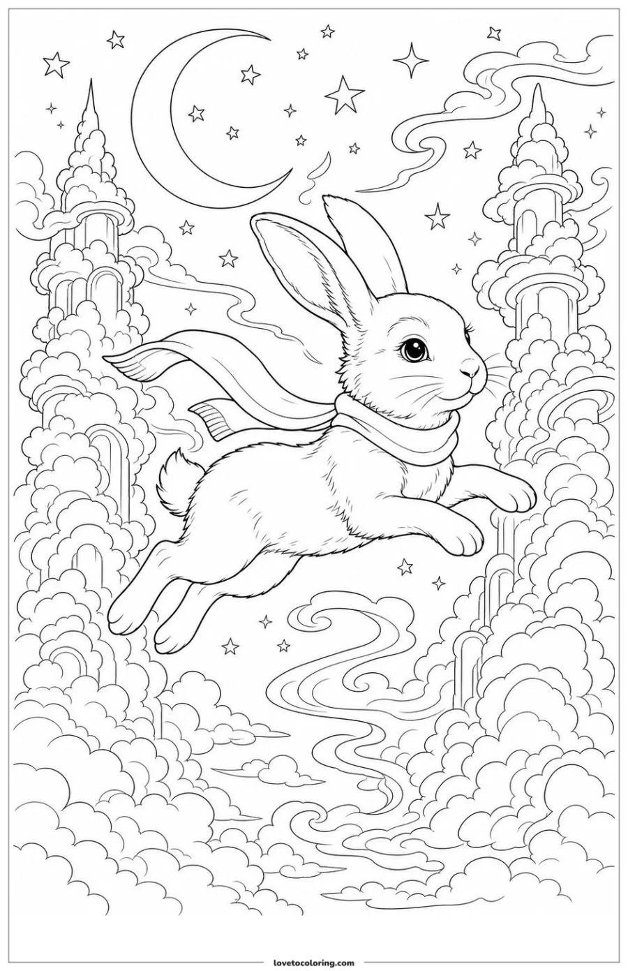 Dibujo para colorear de moon rabbit flying between two cloud towers