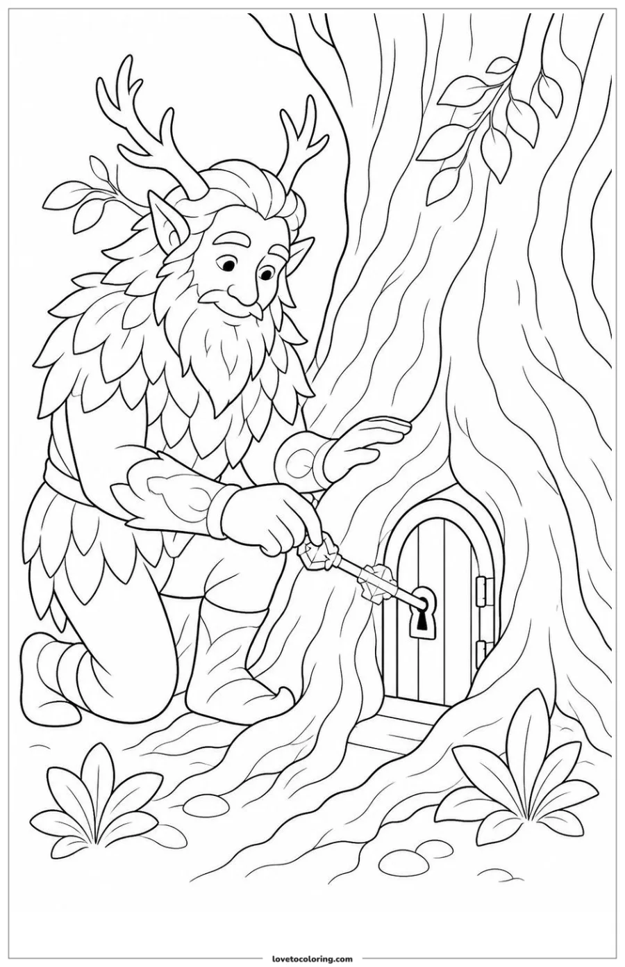 Black-and-white printable coloring page showing a forest guardian unlocking a tiny door between tree roots.