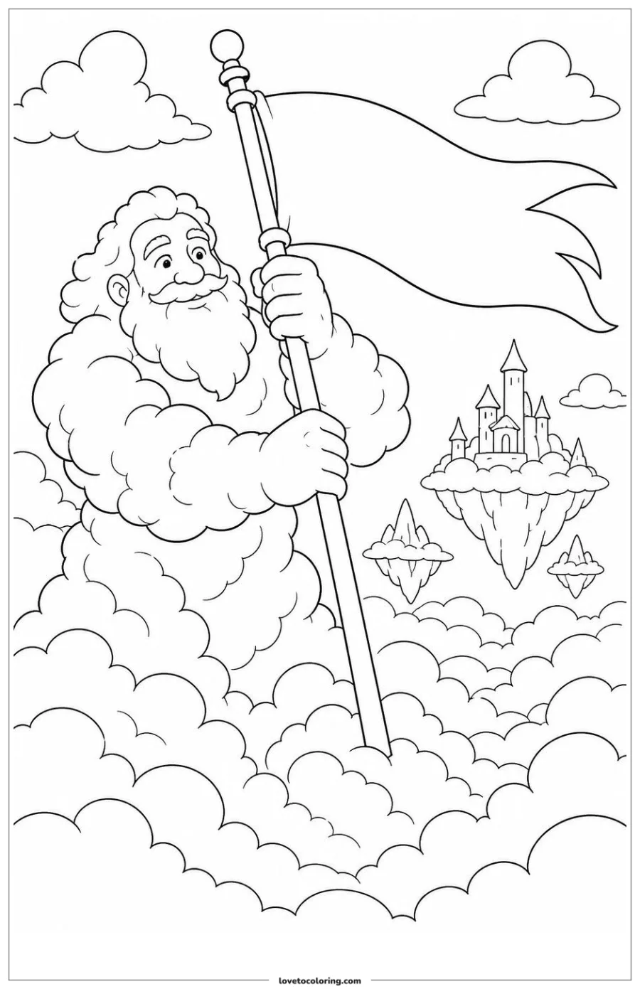 Dibujo para colorear de cloud giant lifting a fallen banner into the wind
