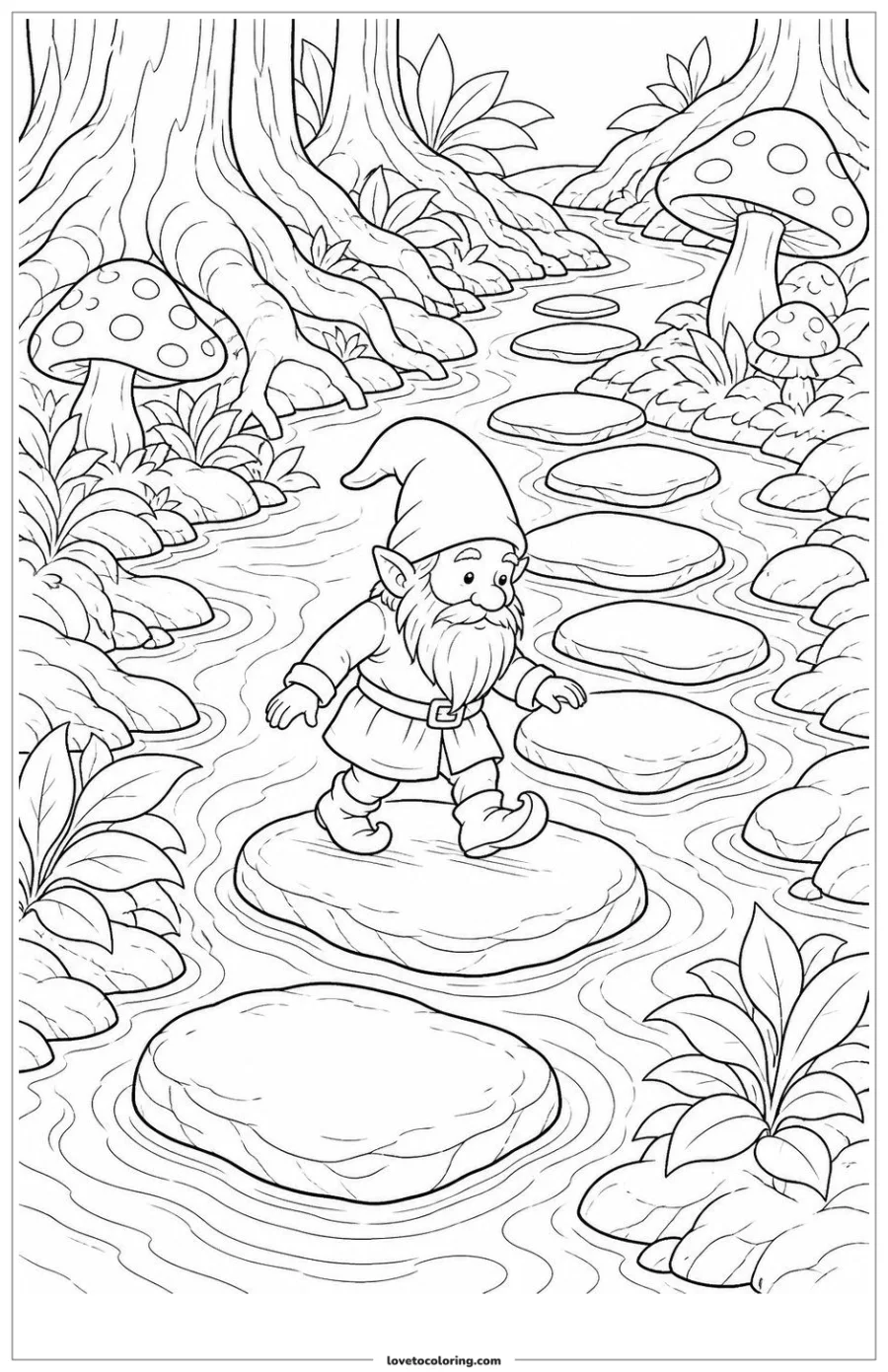 Dibujo para colorear de tiny gnome crossing a stream on broad stepping stones