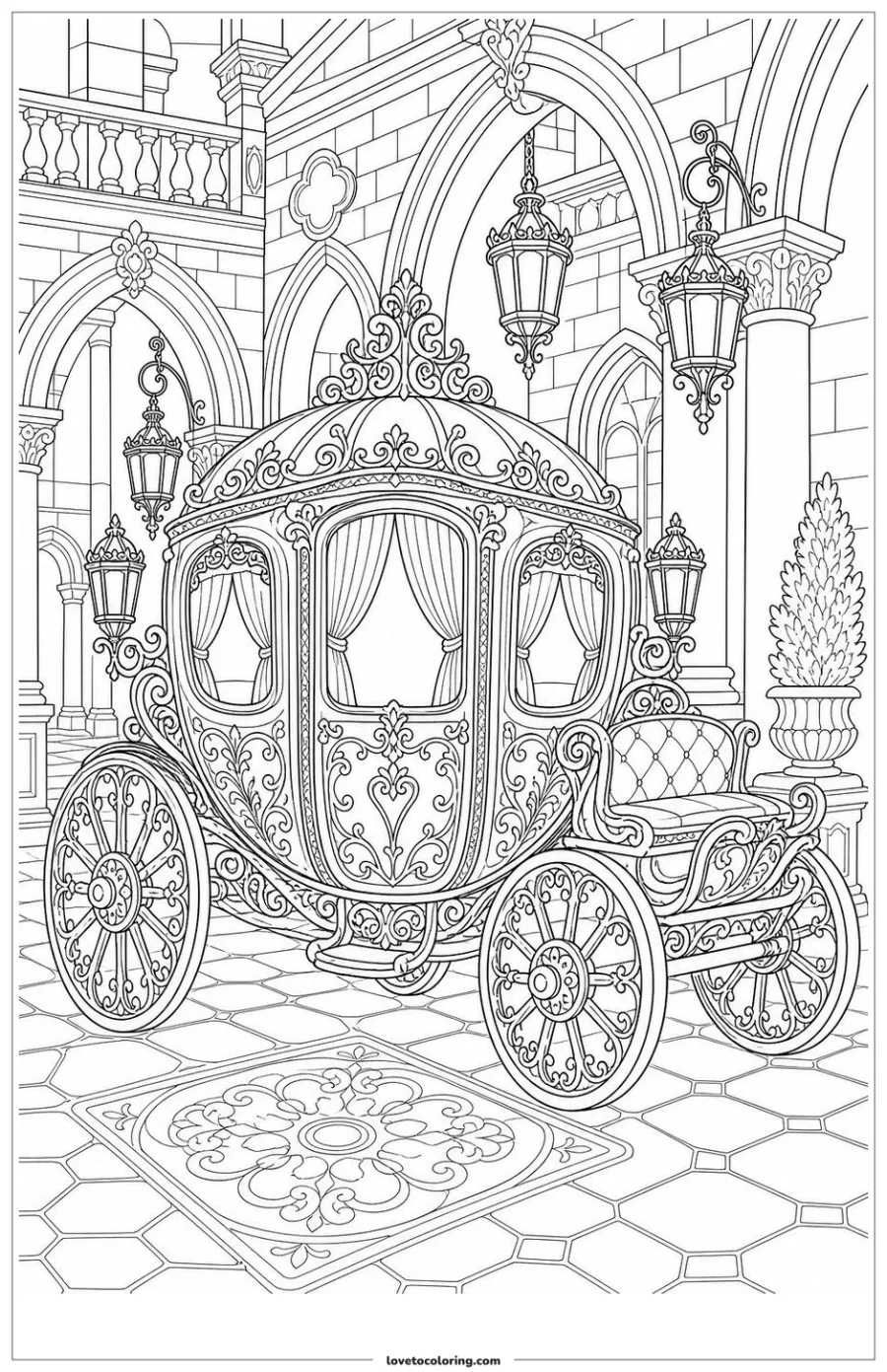 Dibujo para colorear de fairy-tale carriage waiting in a royal courtyard