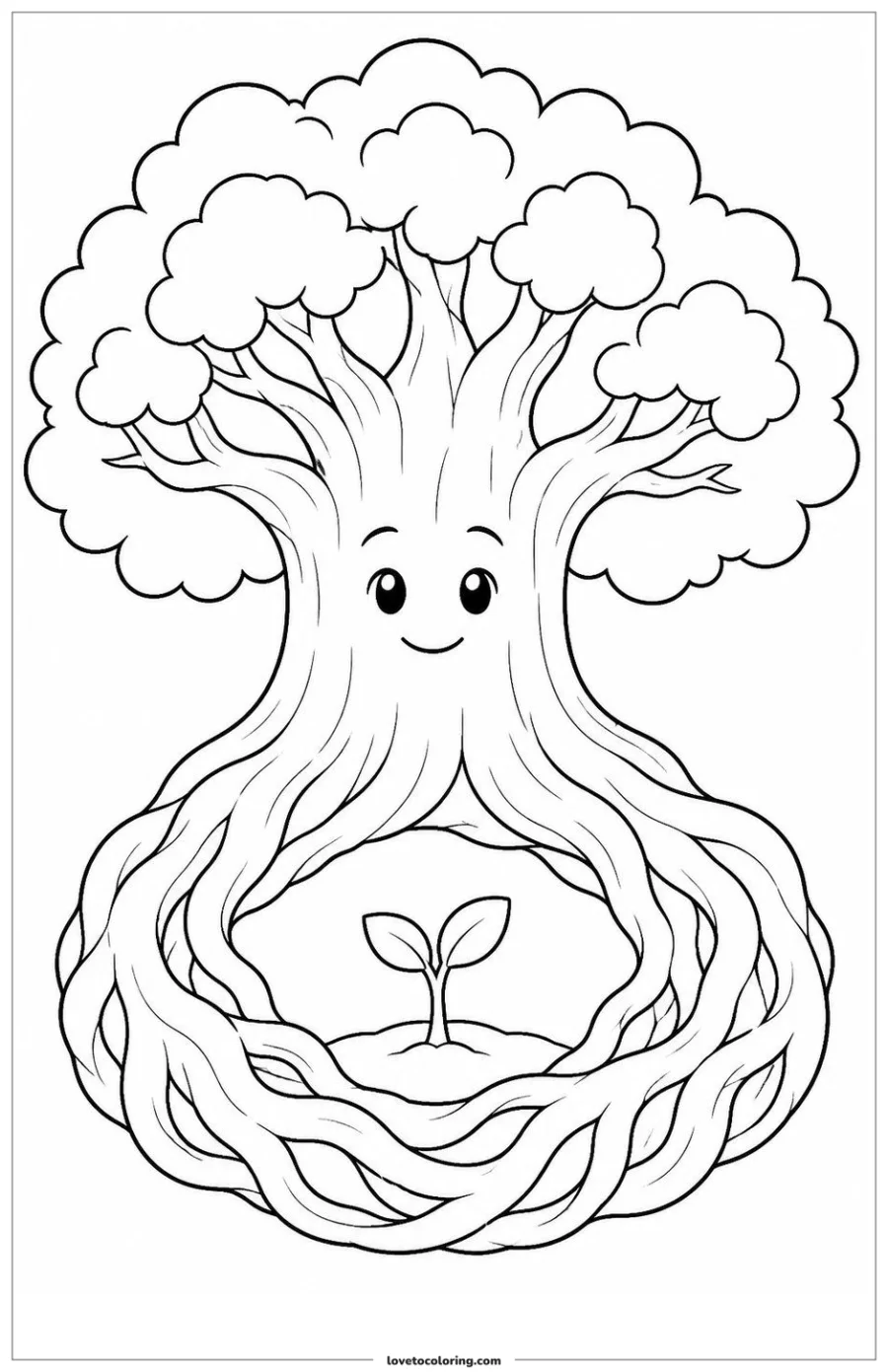 Dibujo para colorear de magic tree protecting a seedling inside a root circle