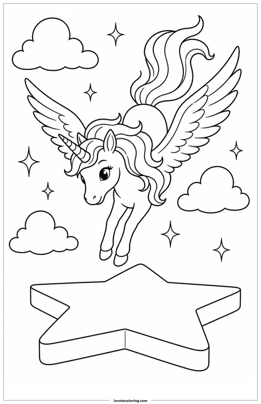 Black-and-white printable coloring page showing an unicorn descending toward a star-shaped landing platform.
