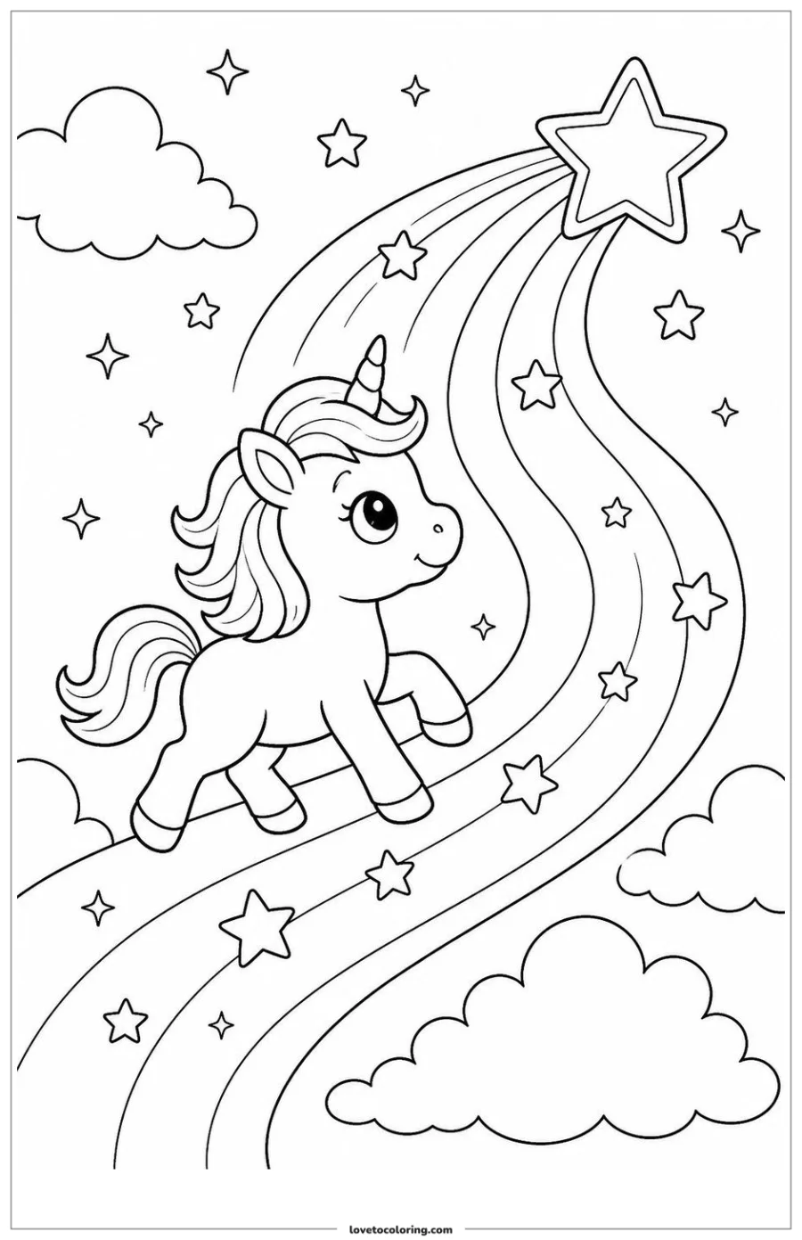 Black-and-white printable coloring page showing a baby unicorn following a comet-shaped path.