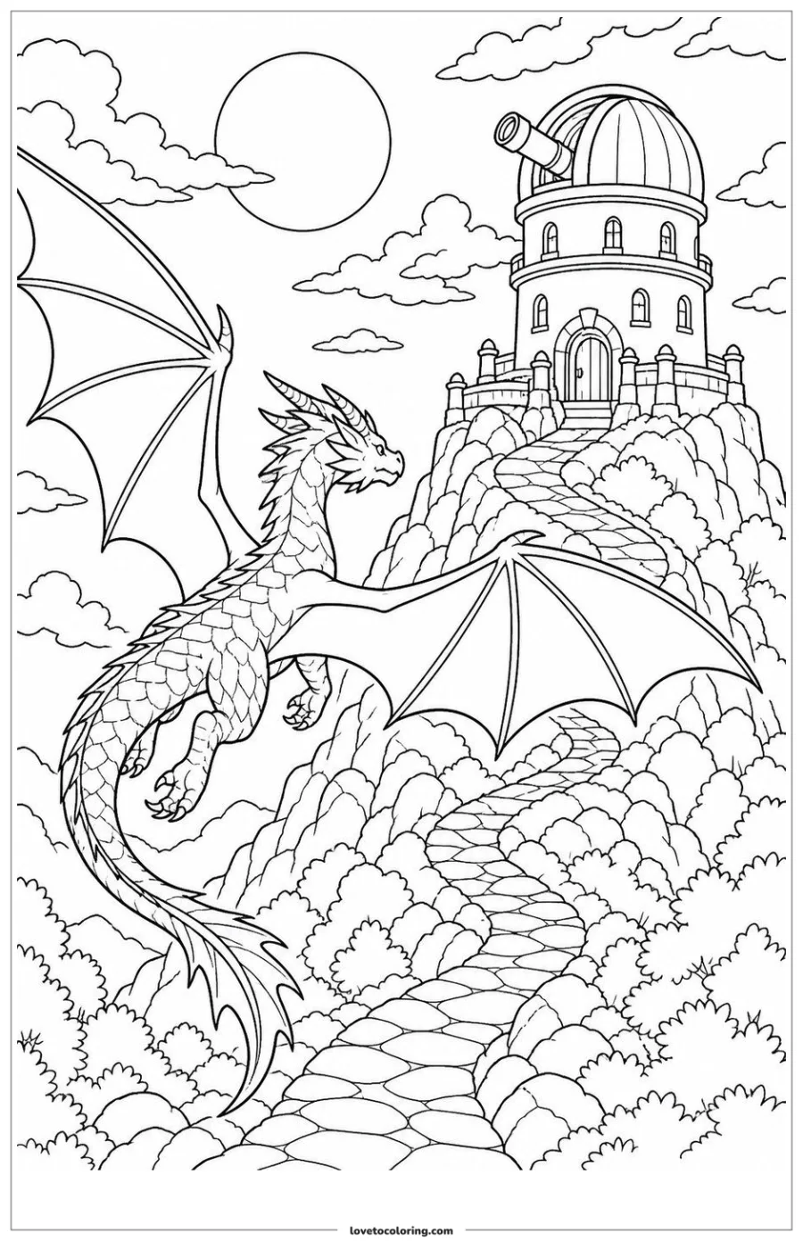 Dibujo para colorear de dragon approaching a moonlit observatory