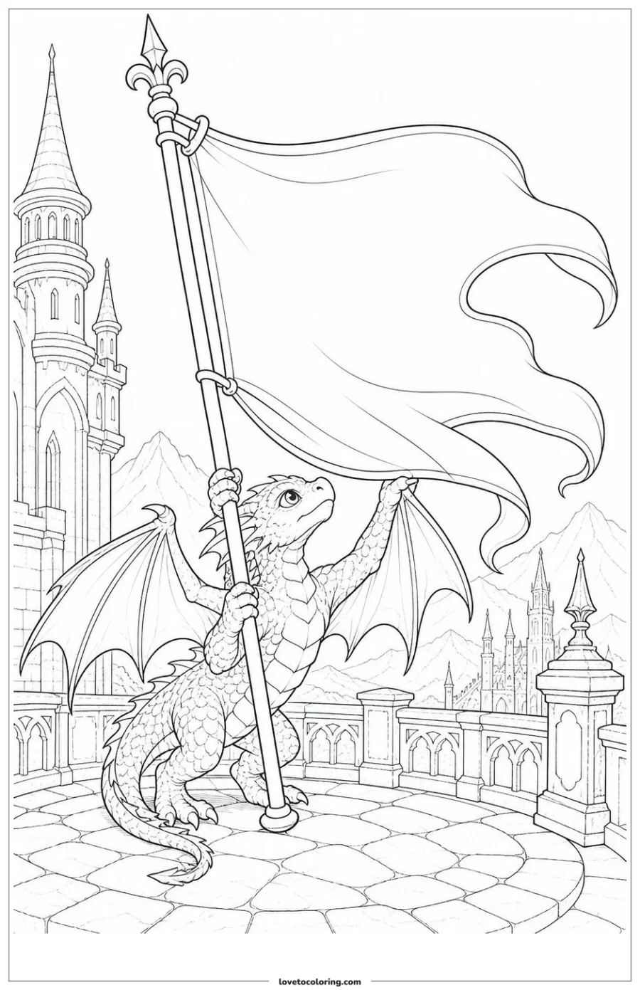 Black-and-white printable coloring page showing a baby dragon lifting a fallen banner into the wind.