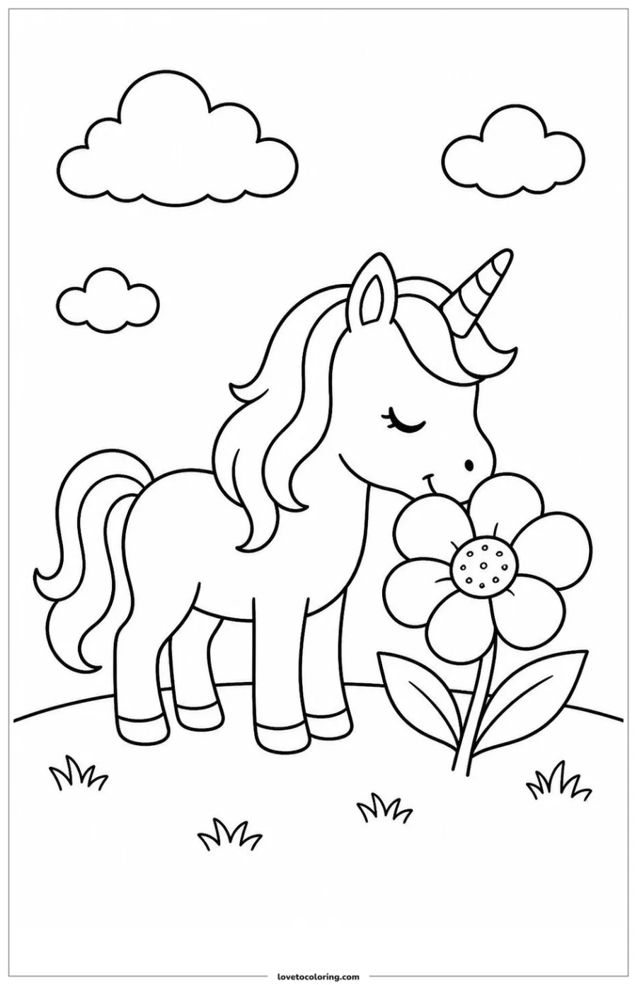Original little unicorn smelling a large flower in a magical meadow.