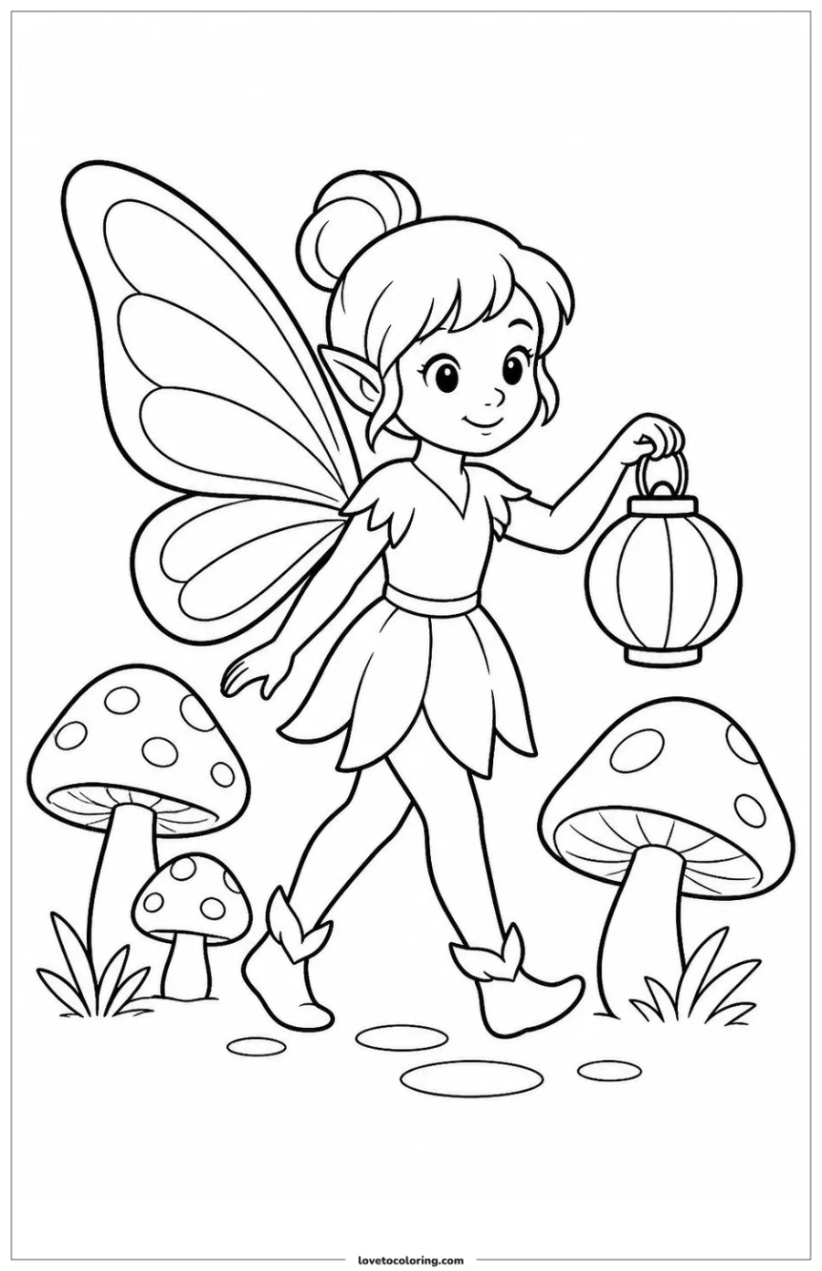 Friendly original fairy carrying a round lantern through a mushroom garden.