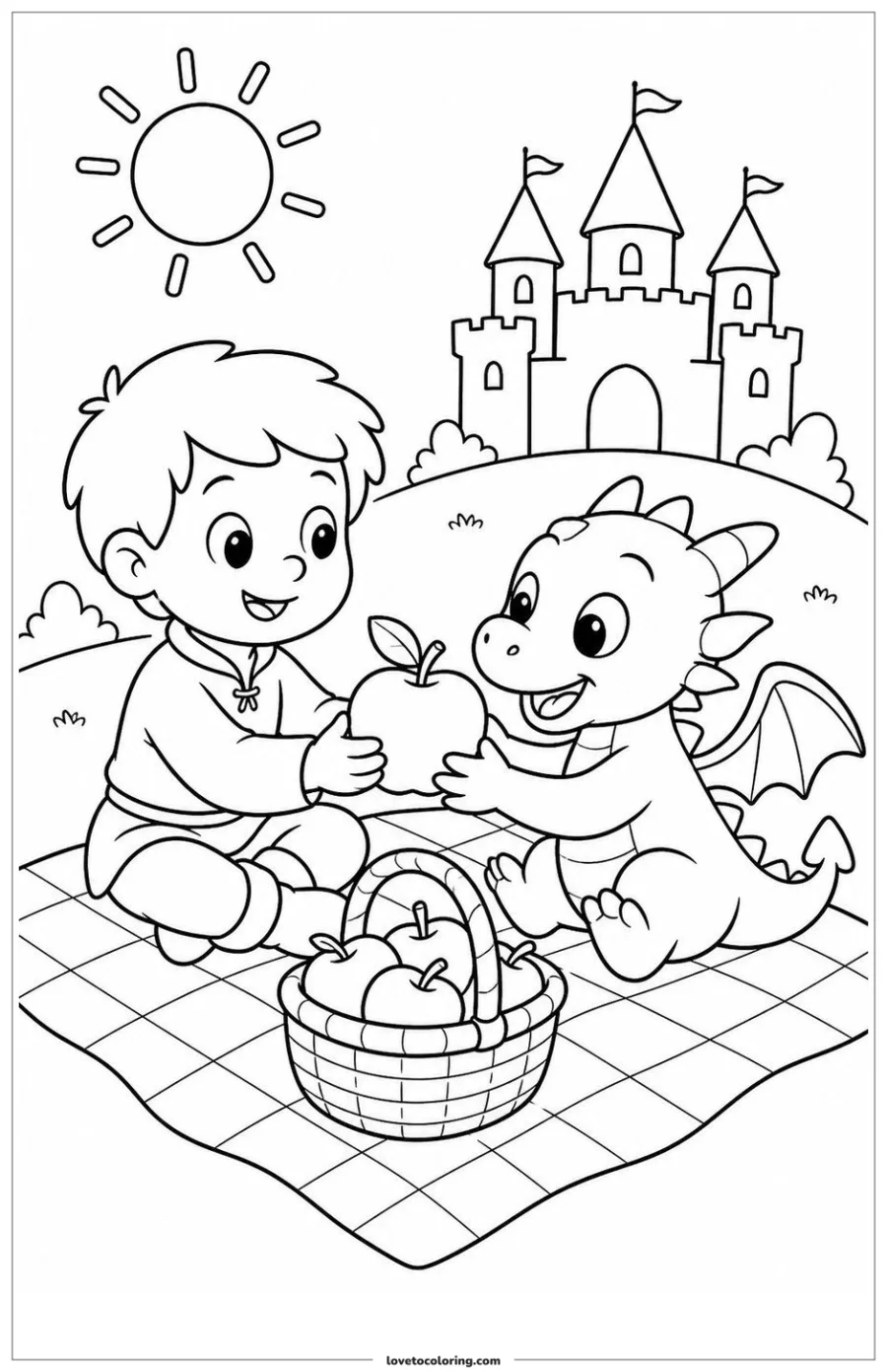 Dibujo para colorear de sharing a picnic with a dragon