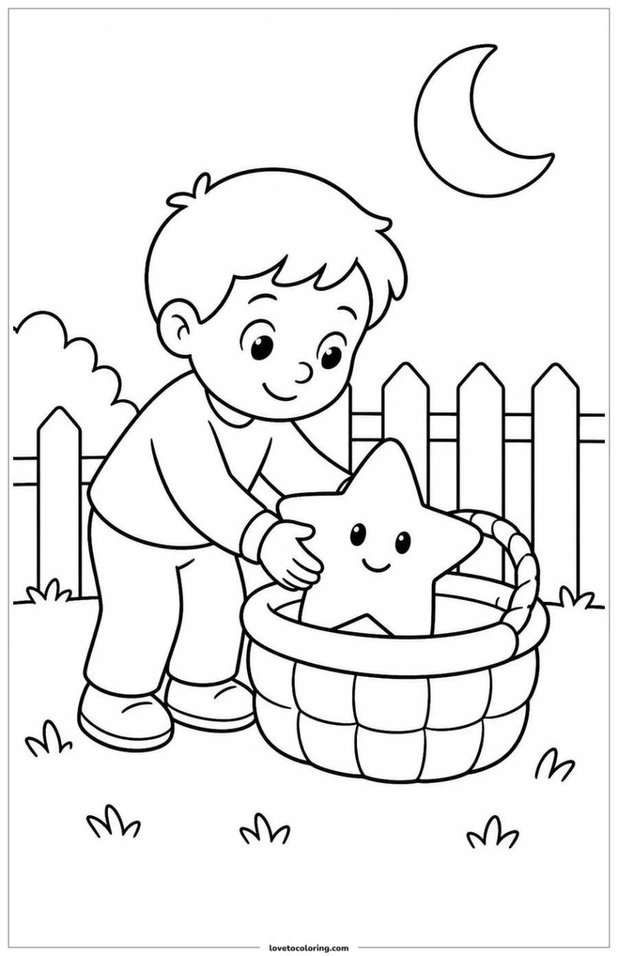 Child helping a friendly smiling star creature into a soft basket.