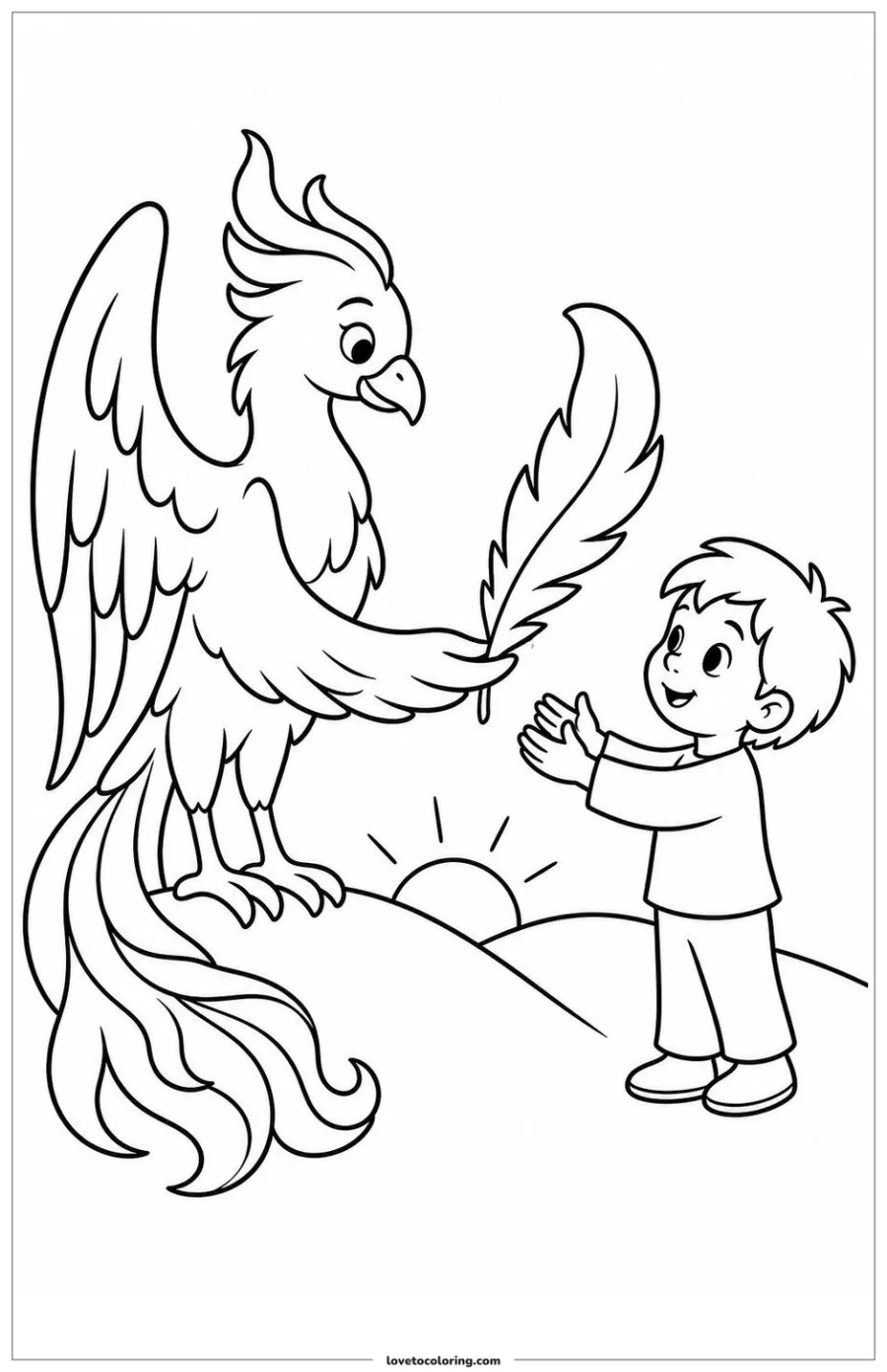 Friendly original phoenix offering a curved feather to a child on a hill.