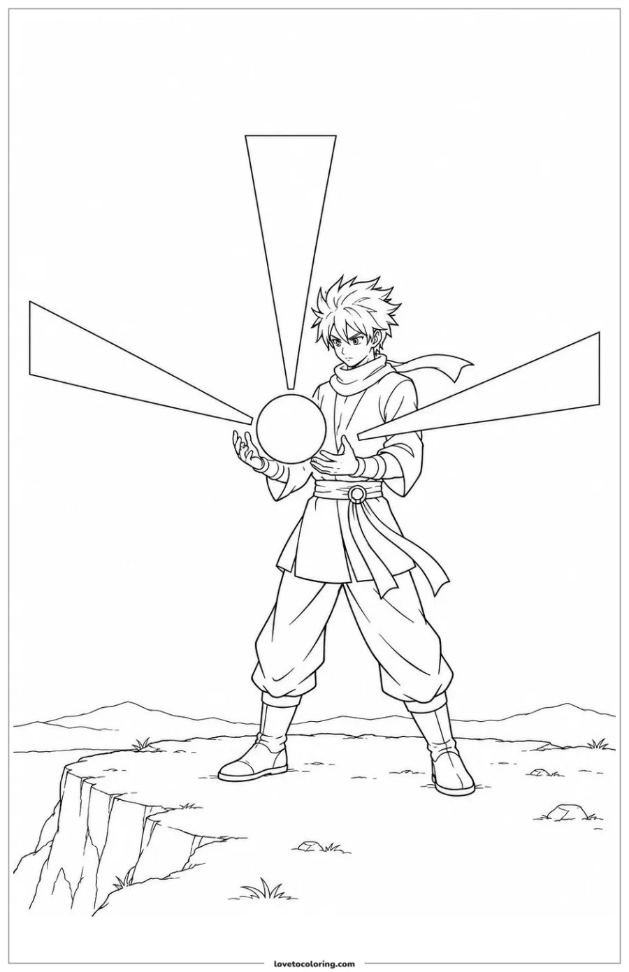 Black-and-white printable coloring page showing an original fighter holding a geometric light sphere between open palms.