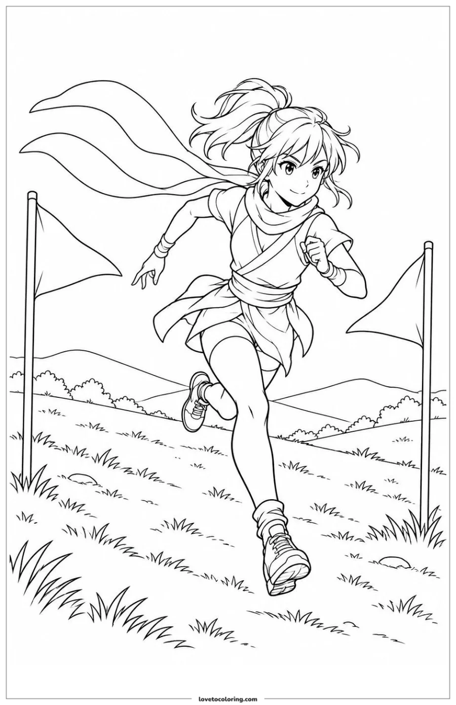 Black-and-white printable coloring page showing an one original wind runner sprinting between marker flags.