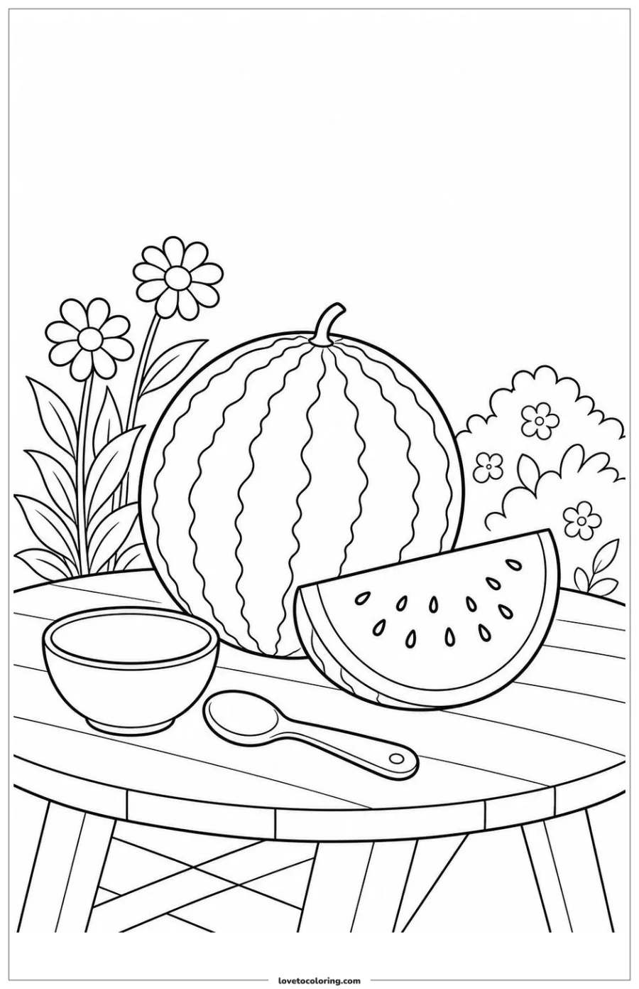 Dibujo para colorear de watermelon resting beside a recipe tool
