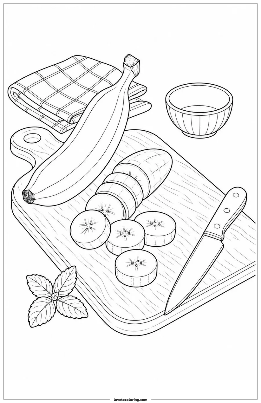 Dibujo para colorear de banana appearing in one sliced and one whole view