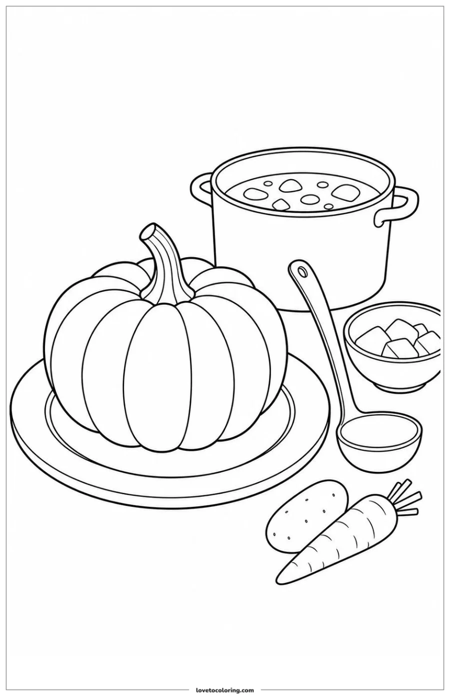 Black-and-white printable coloring page showing a pumpkin resting beside a recipe tool.