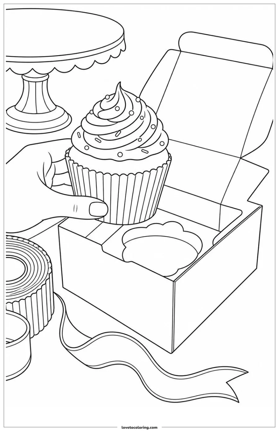 Black-and-white printable coloring page showing a cupcake packed into a safe bakery box.