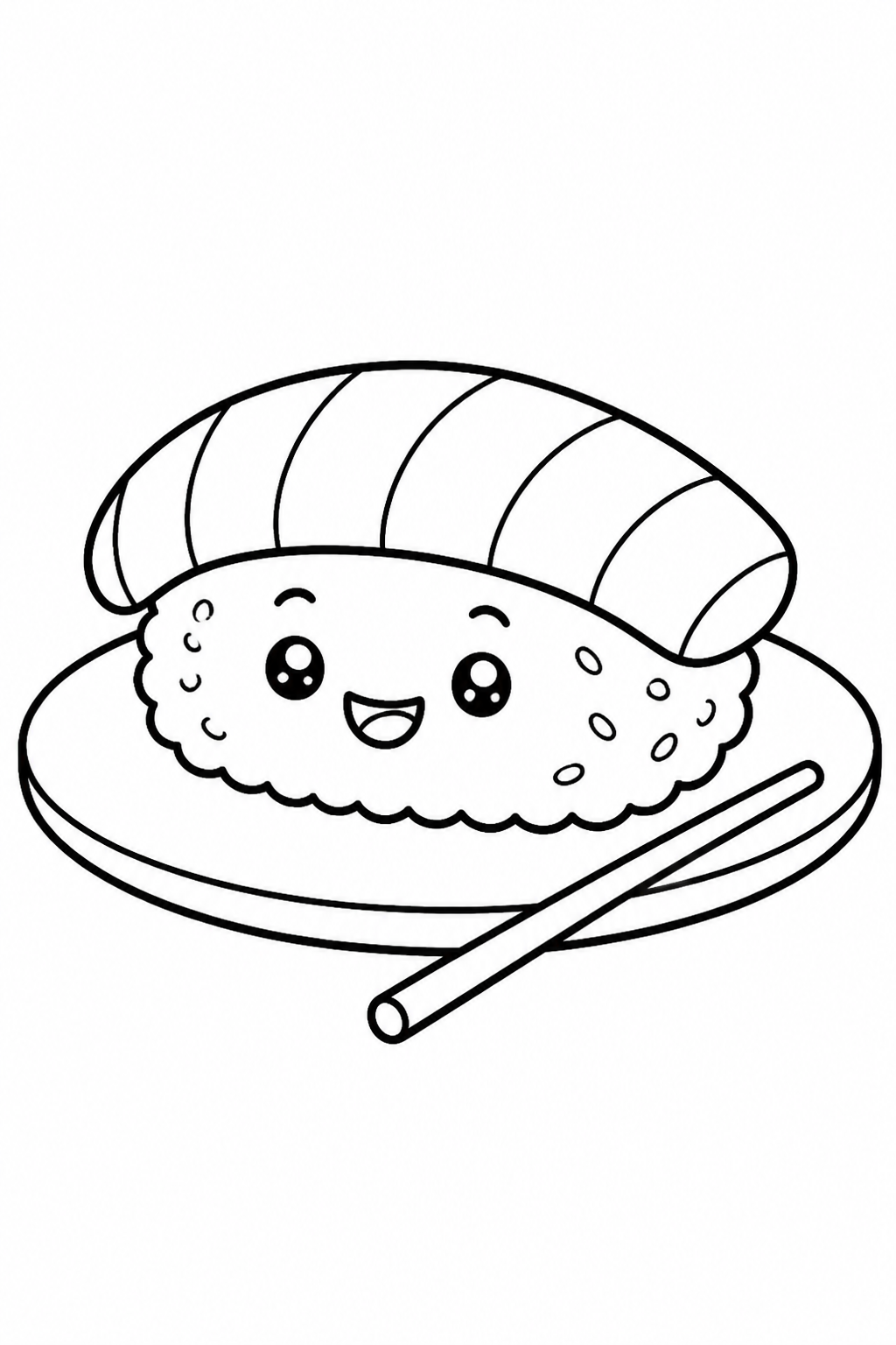 Black-and-white printable coloring page showing a cute sushi showing one friendly expression already implied by the subject.