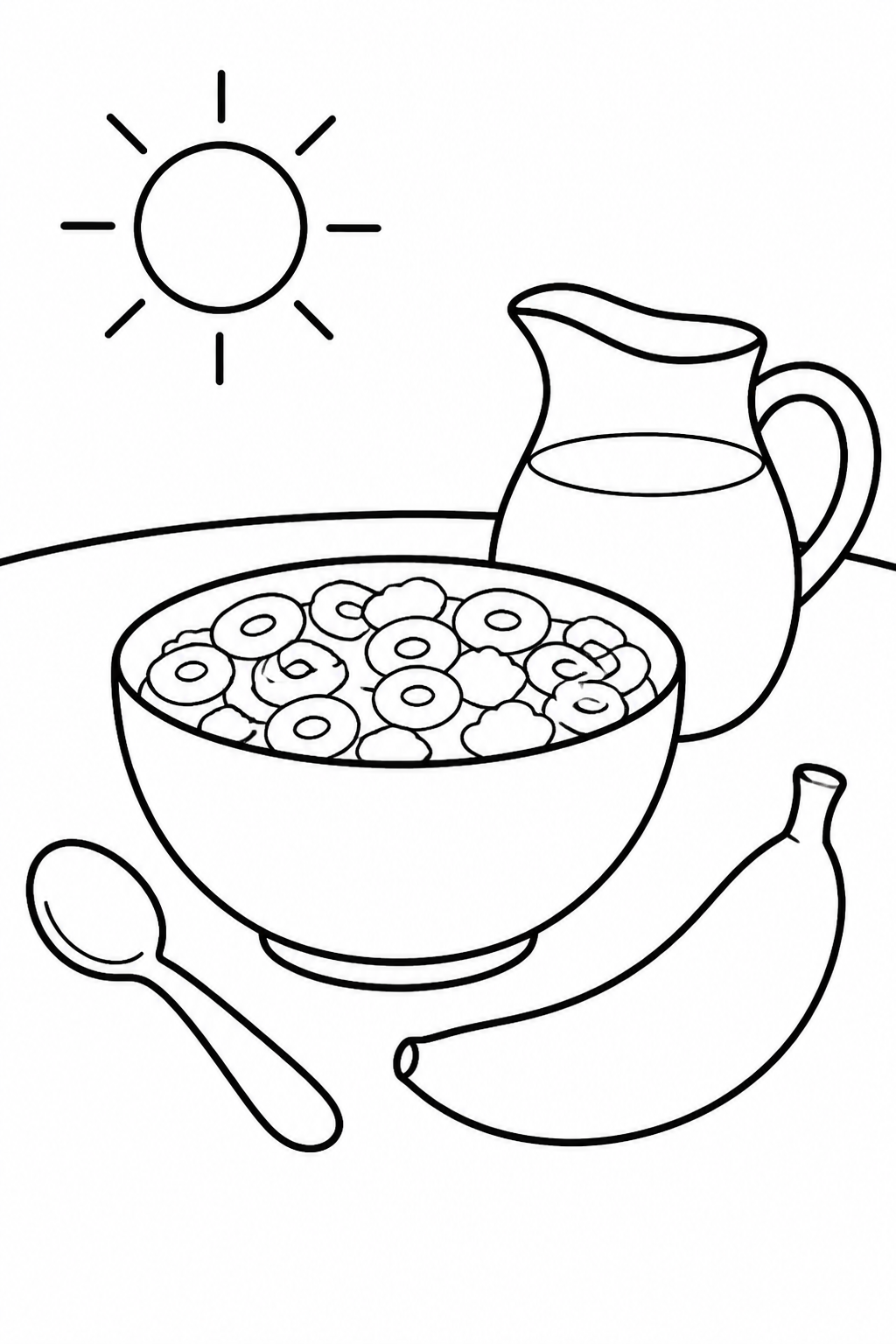 Black-and-white printable coloring page of a cereal bowl with milk, a spoon, banana and a simple breakfast table.