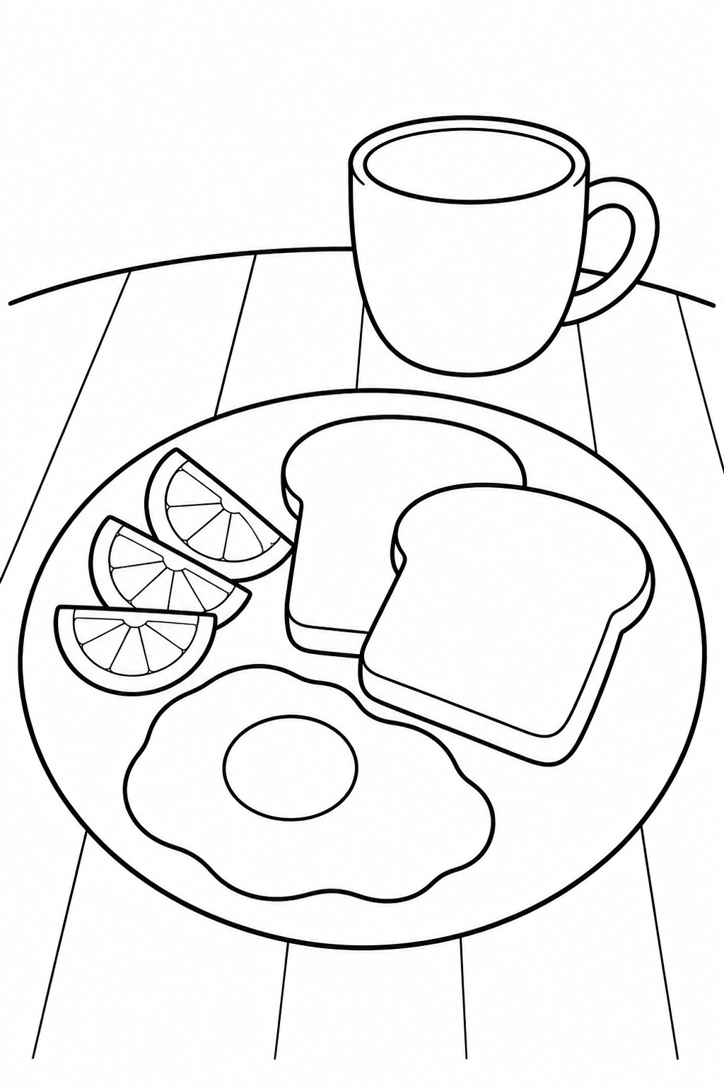 Black-and-white printable coloring page of a fried egg, toast, orange slices and a cup on a breakfast plate.