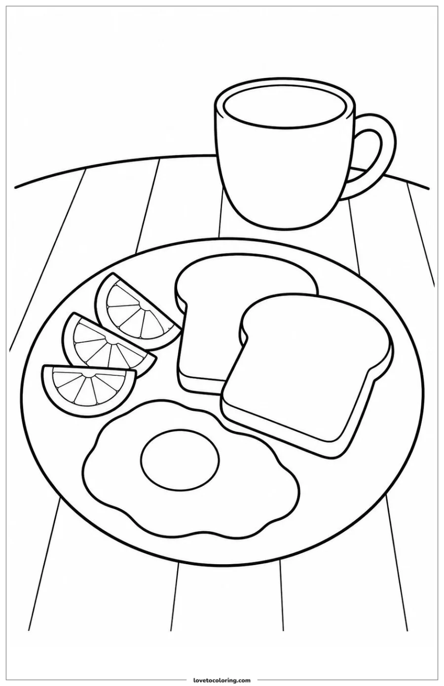 Black-and-white printable coloring page of a fried egg, toast, orange slices and a cup on a breakfast plate.