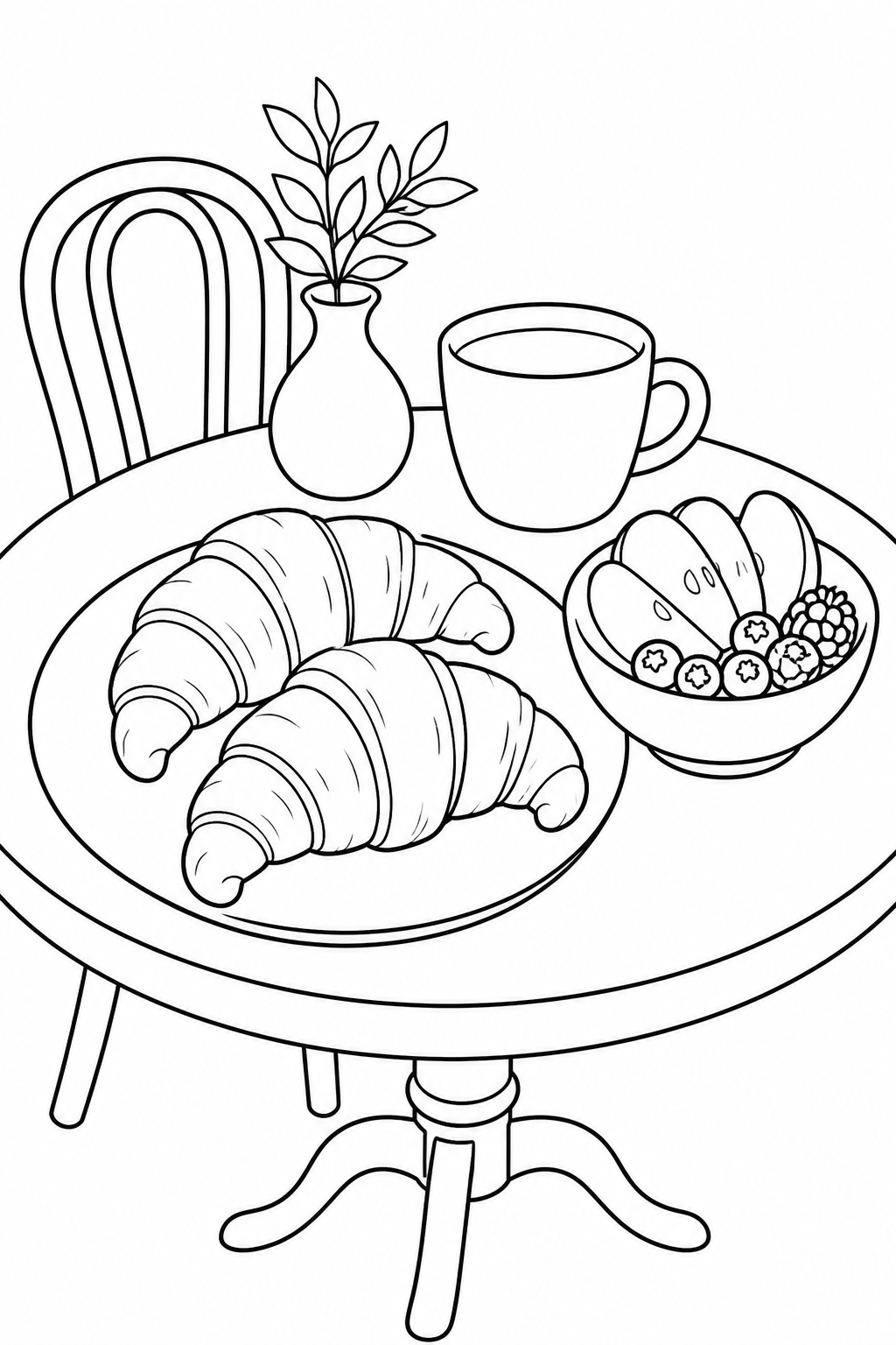 Black-and-white printable coloring page of two croissants beside a small fruit bowl and warm drink at breakfast.