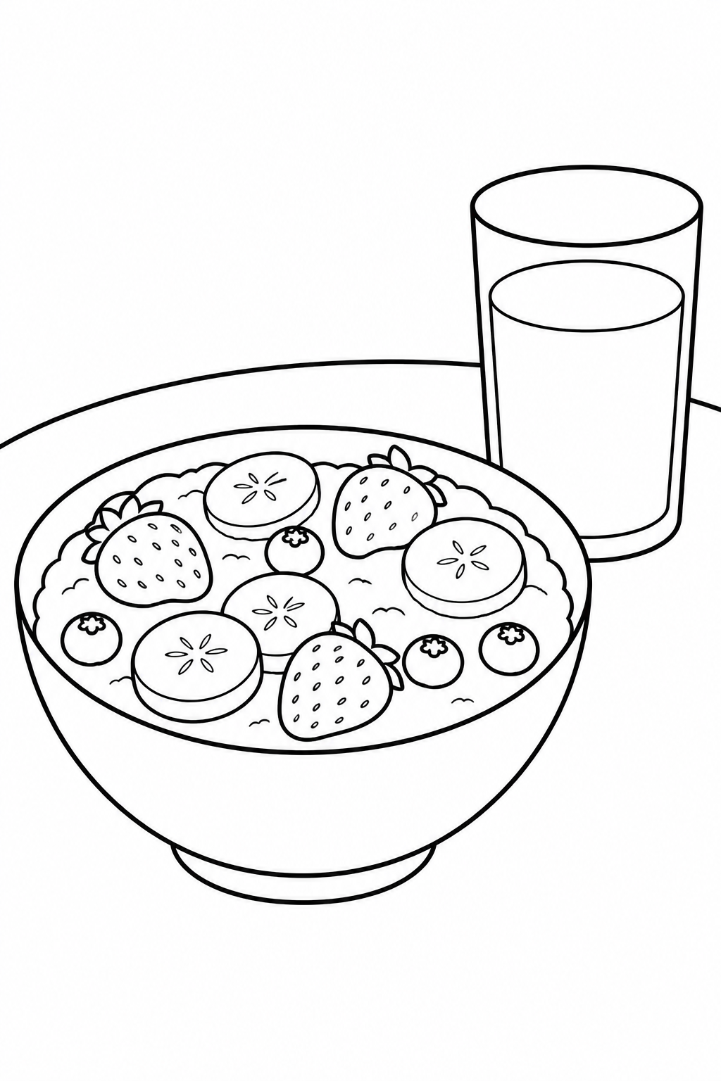Black-and-white printable coloring page of oatmeal topped with banana slices and berries beside a glass of milk.