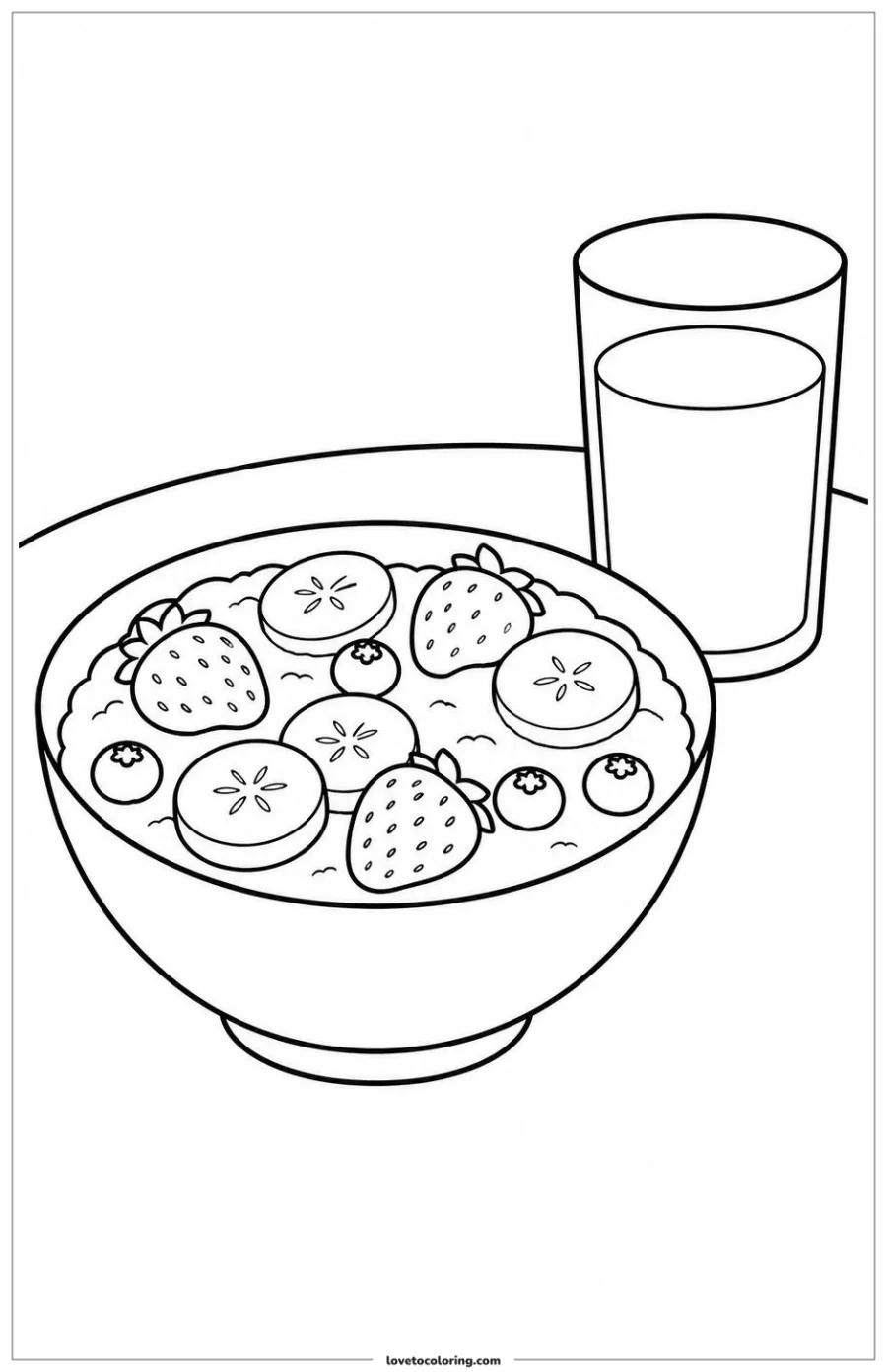 Black-and-white printable coloring page of oatmeal topped with banana slices and berries beside a glass of milk.