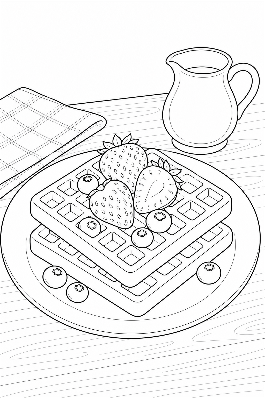 Black-and-white printable coloring page of a waffle stack topped with berries beside a small syrup pitcher.