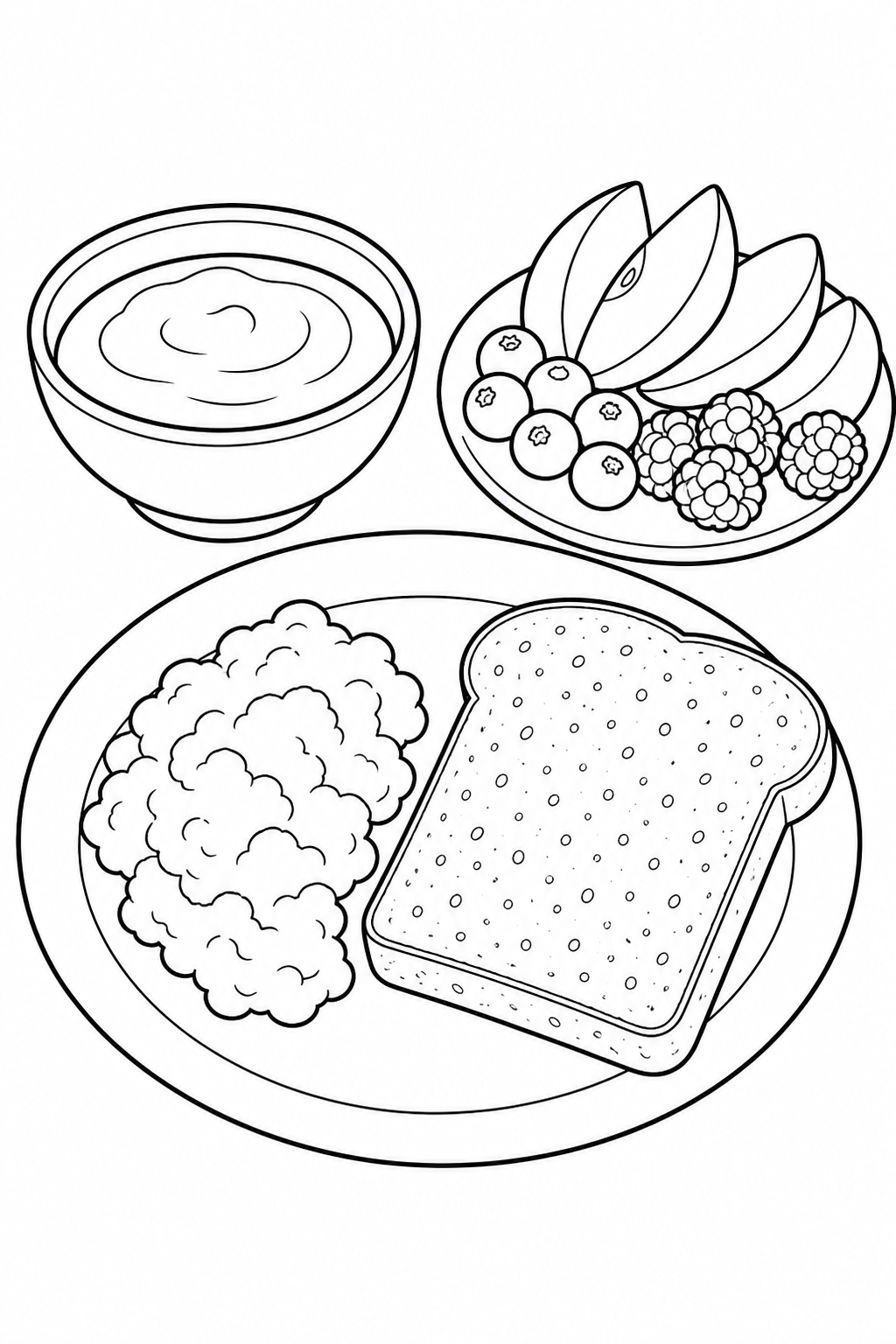 Black-and-white printable coloring page of a breakfast plate with eggs, toast, fruit and a small bowl of yogurt.