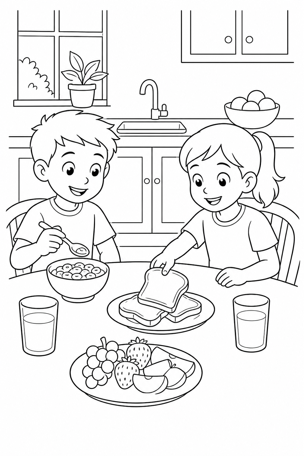 Black-and-white printable coloring page of two children sharing cereal, toast, fruit and milk at a family breakfast table.