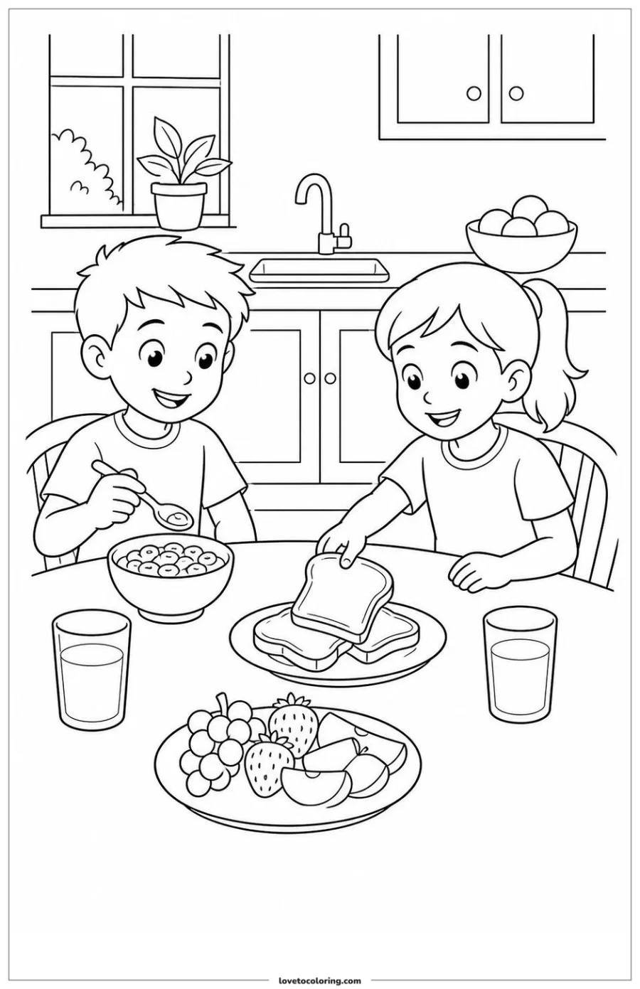 Dibujo para colorear de kids eating breakfast together