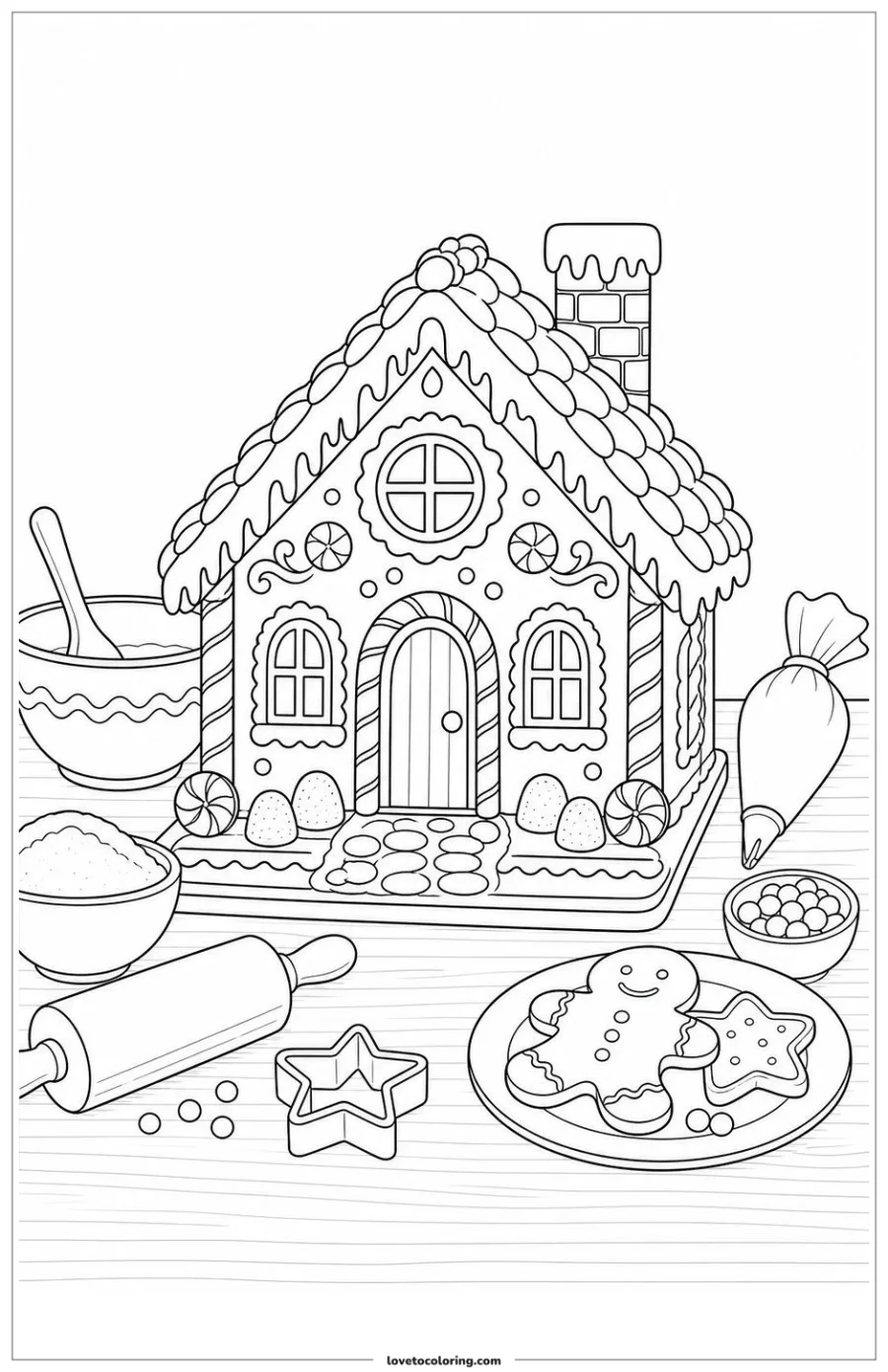 Dibujo para colorear de gingerbread house the center of a baking table