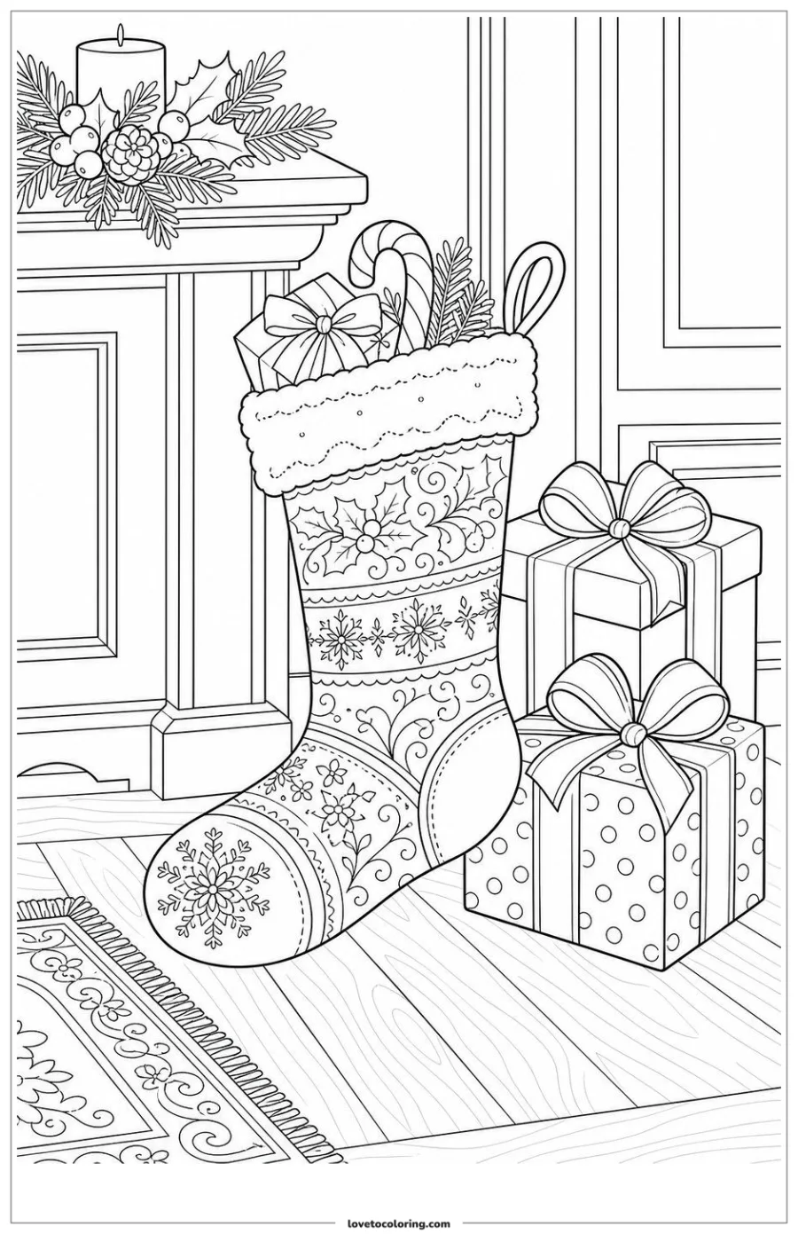 Black-and-white printable coloring page showing a christmas stocking resting beside wrapped gifts.