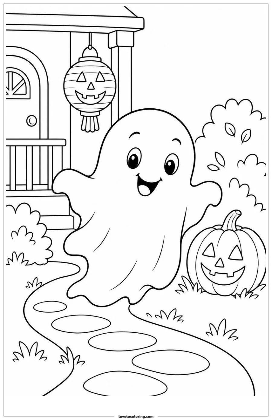 Black-and-white printable coloring page showing a friendly ghost following a short festive path.