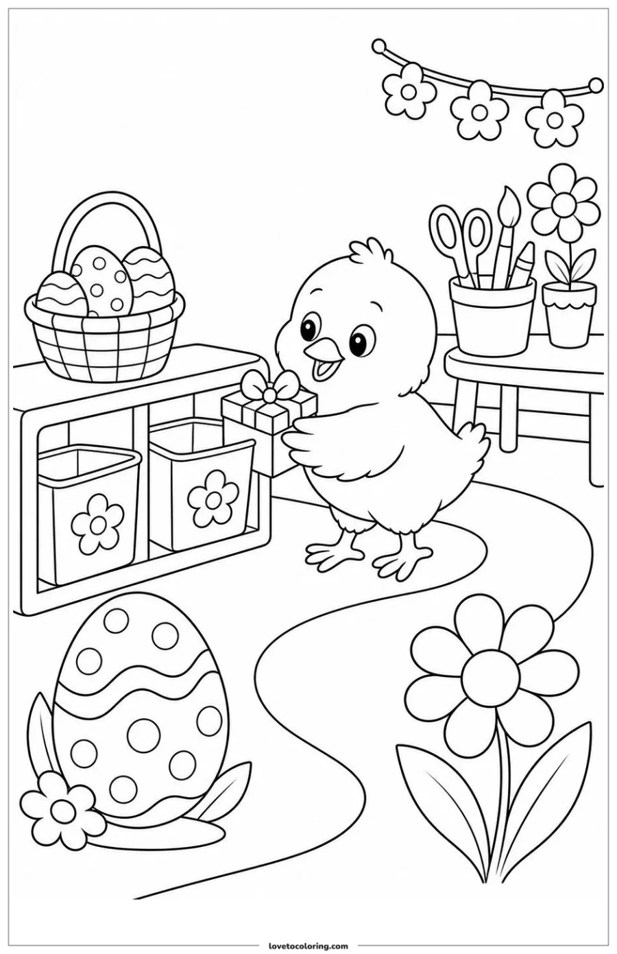 Black-and-white printable coloring page showing a spring chick returning a small gift to its place.