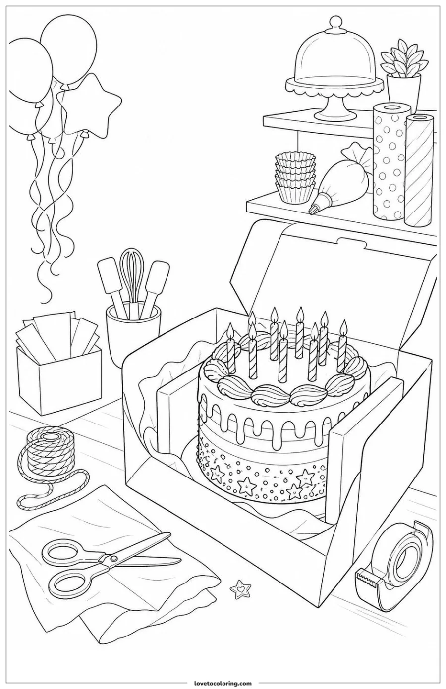 Dibujo para colorear de birthday cake packed into a safe bakery box