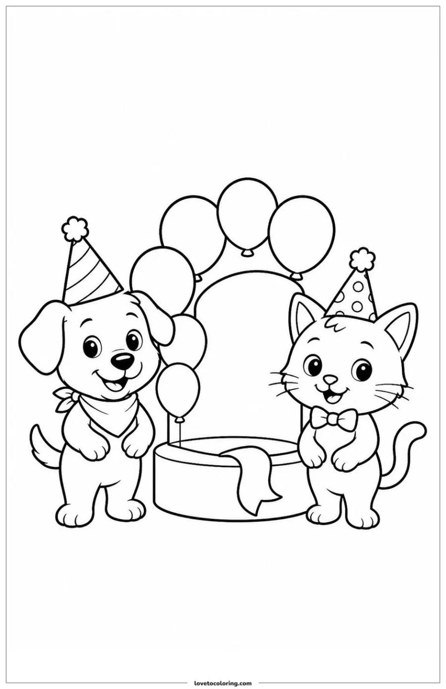 Black-and-white printable coloring page showing a birthday party animals waiting beside a partly completed craft.