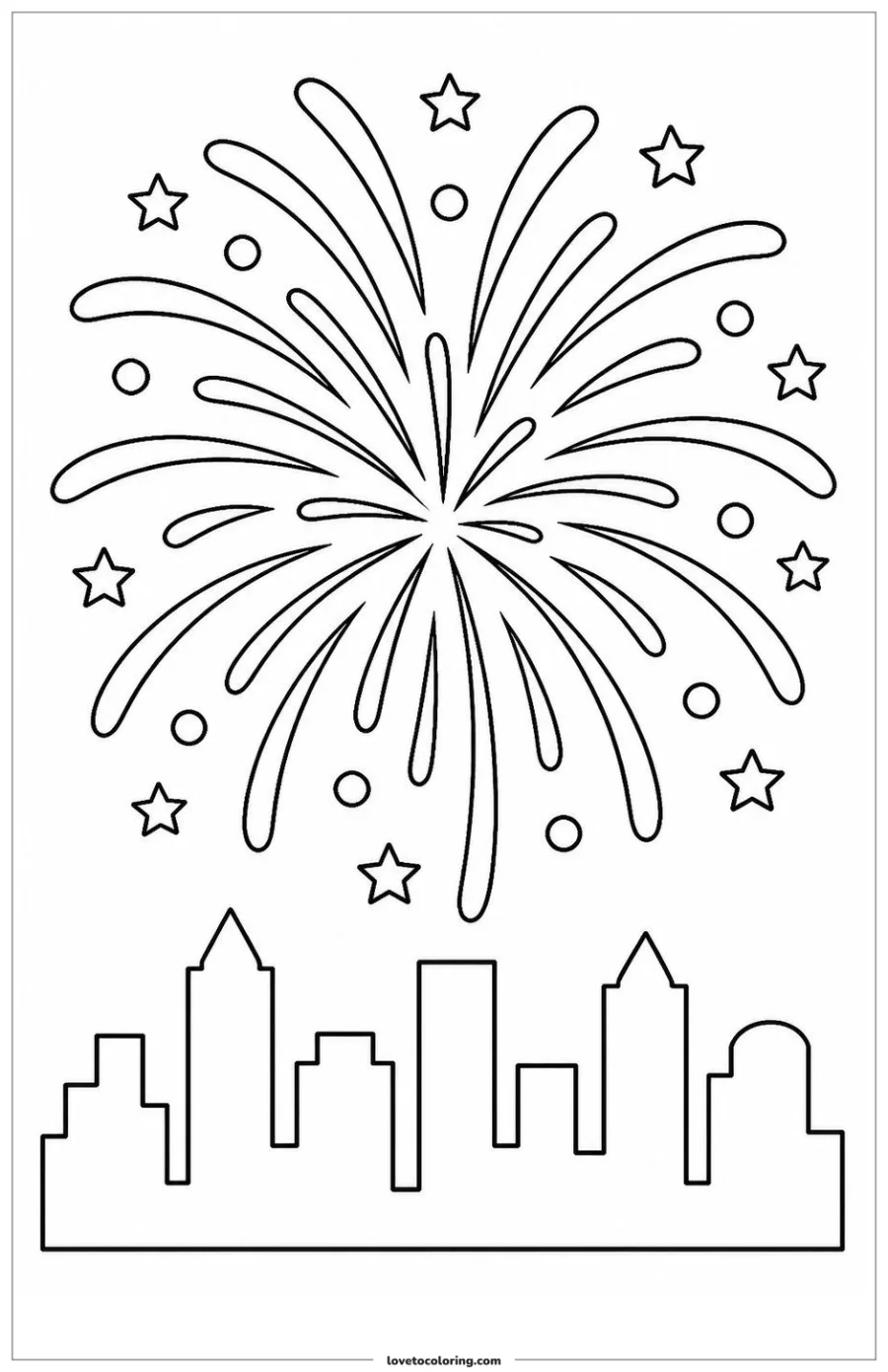 Black-and-white printable coloring page showing New Year's fireworks with one large and two smaller bursts.