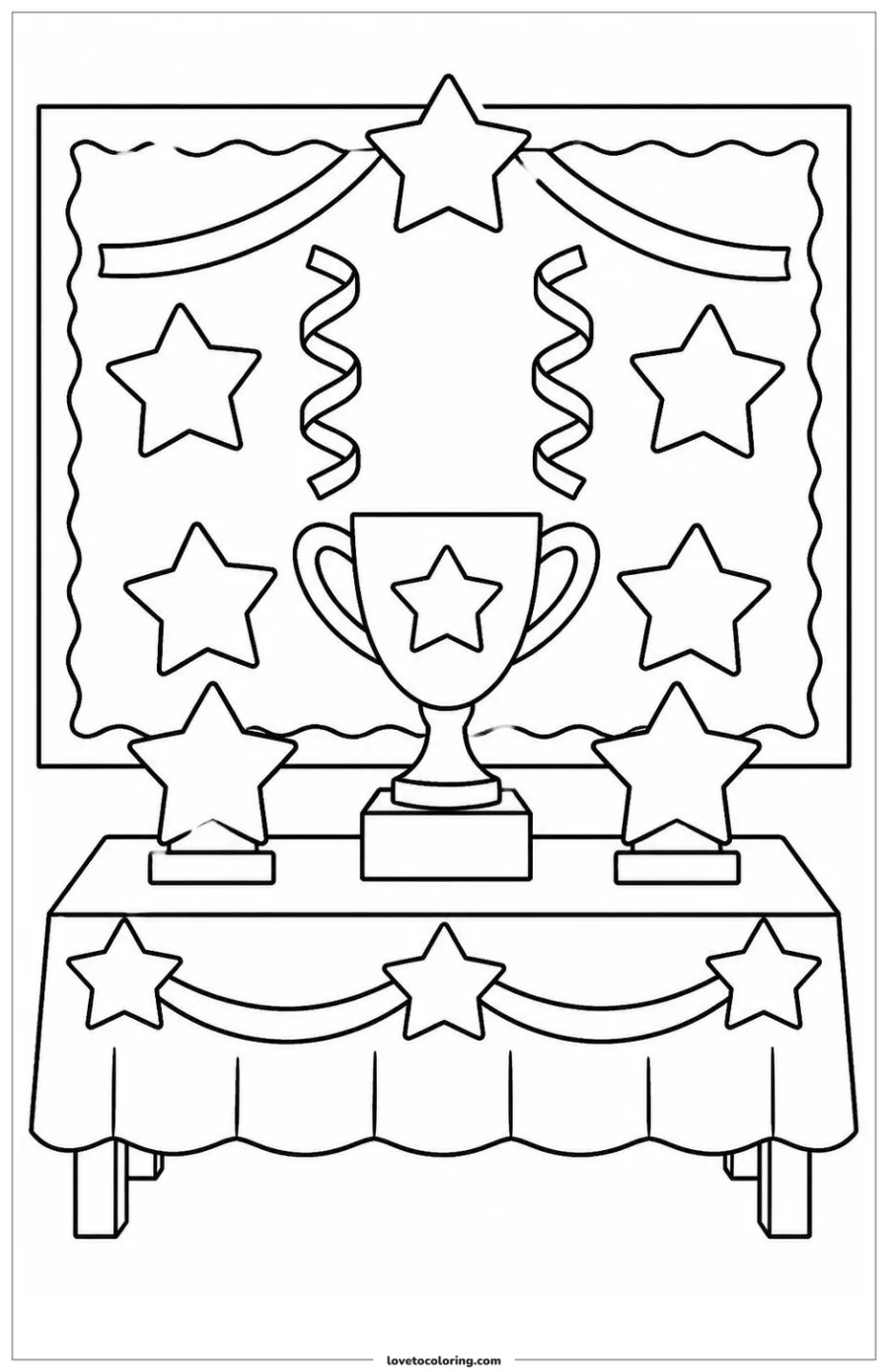 Black-and-white printable coloring page showing a school celebration showing a completed display.