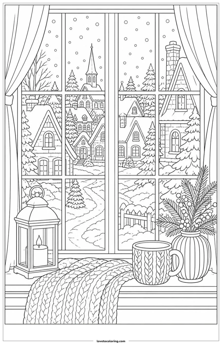 Dibujo para colorear de winter village showing a quiet evening window scene