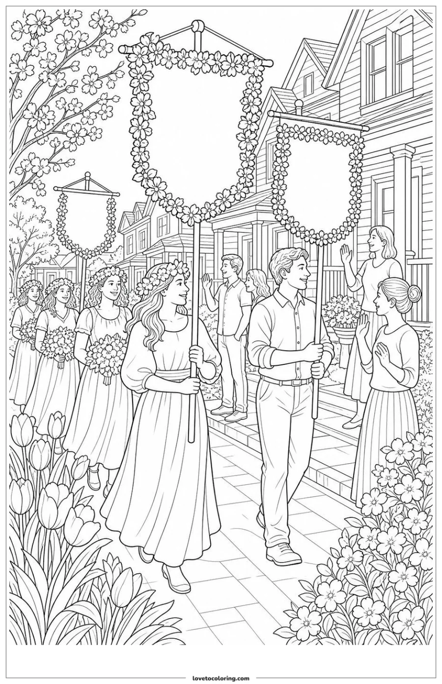 Dibujo para colorear de spring parade a neighborhood gathering
