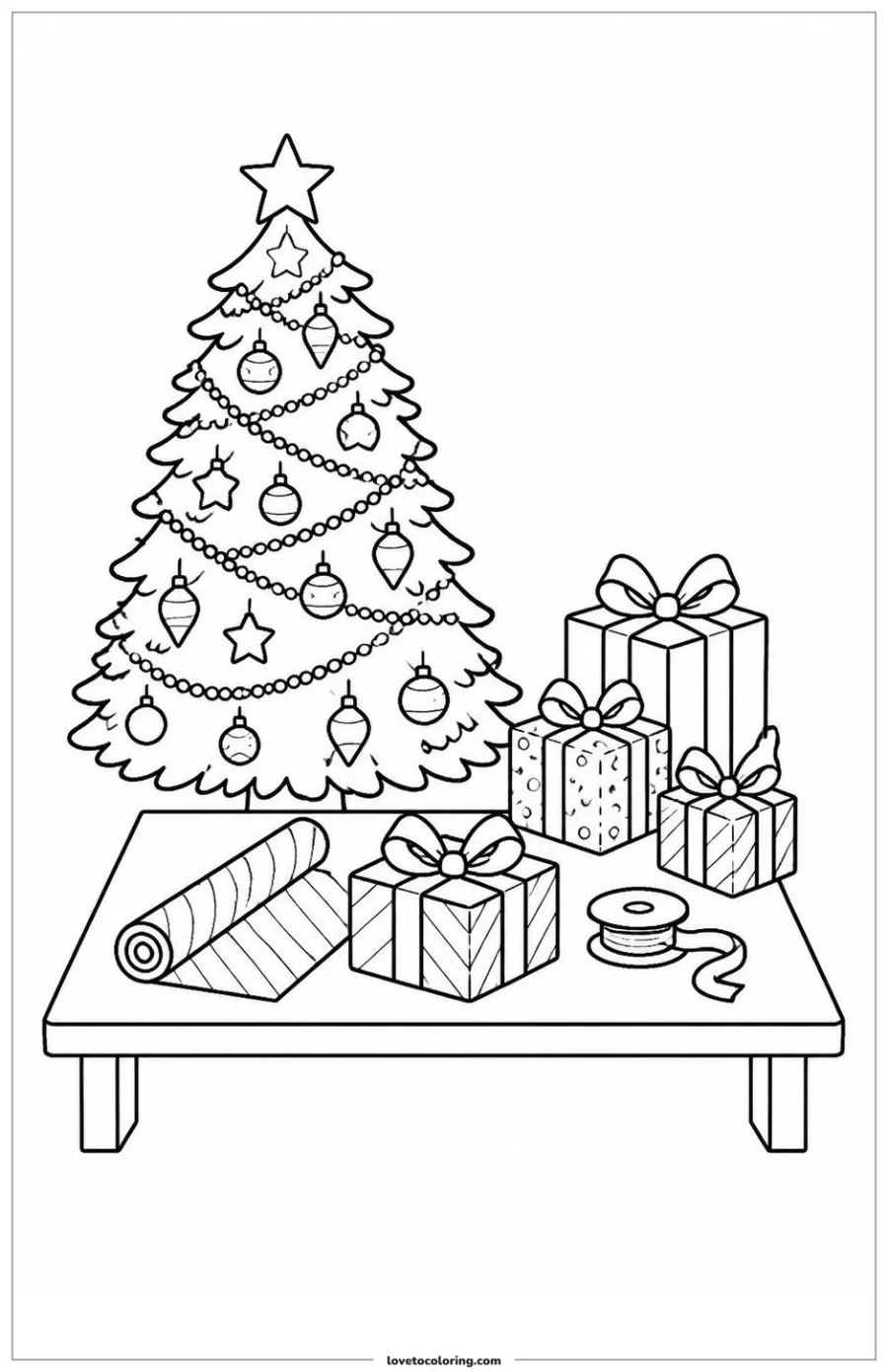 Dibujo para colorear de christmas tree standing beside wrapped gifts