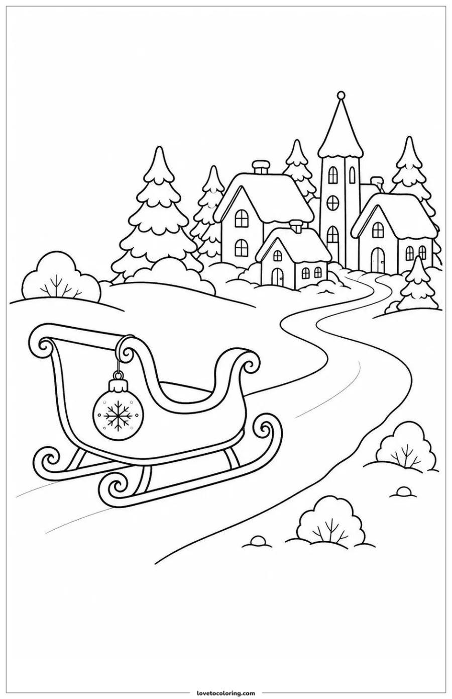 Black-and-white printable coloring page showing a santa's sleigh carrying one decoration toward the celebration.